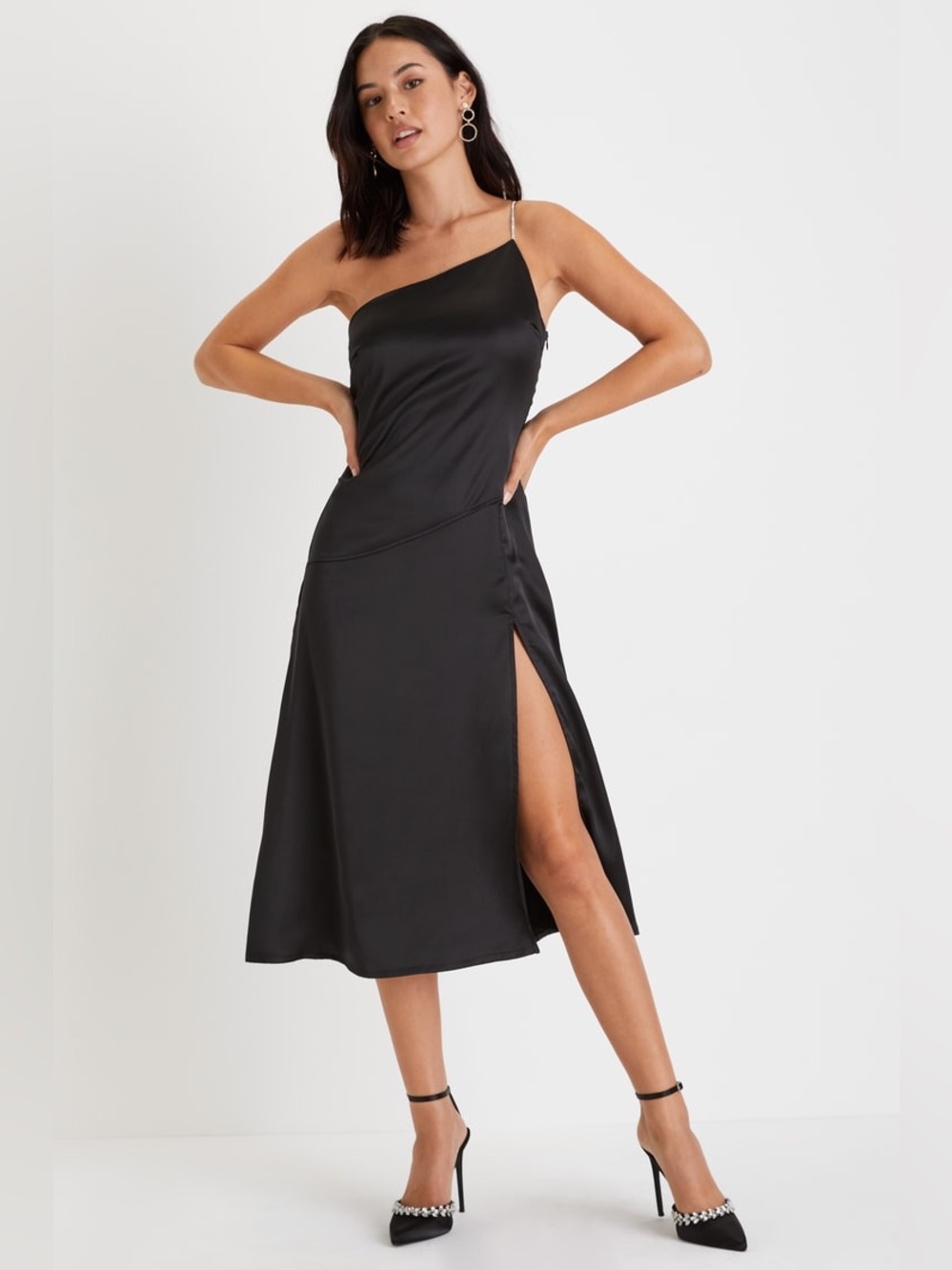 NWT Lulus Lulus Sleek Excellence Black Satin Rhinestone One-Shoulder Midi Dress